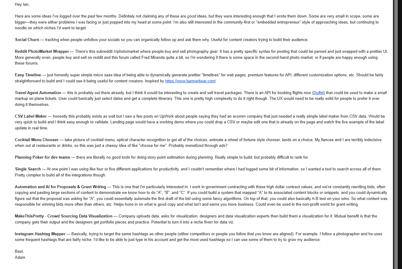 Email with early startup ideas and concepts